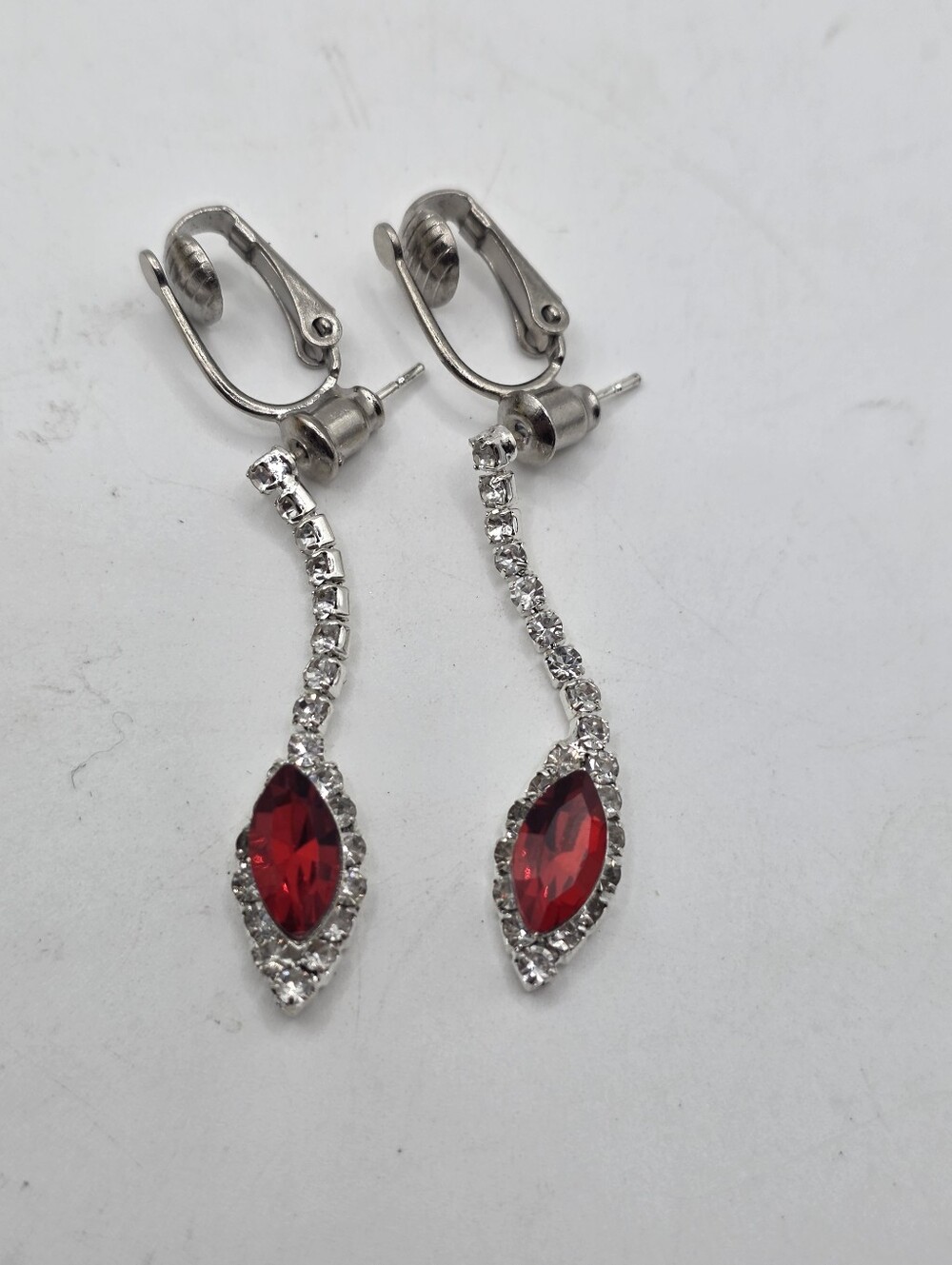 Vintage Red Marquise Rhinestone Dangle Clip On Earrings Pierced Converter Drop 2
